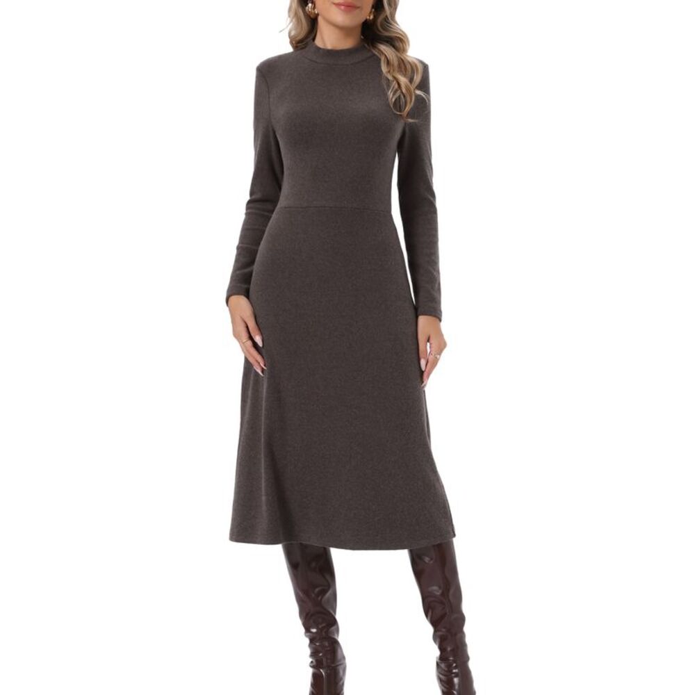 Womens Mock Neck Long Sleeve Ribbed Knit Midi Sweater Dress Brown